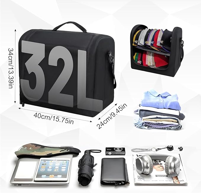 Large Hat Bag for Baseball Caps, Portable Hat Organizer Carrier for Travel, Hat Storage Box Holder for 24 Snapback Caps, Baseball Cap Traveling Case for Men, Black, and Gift Hat Hooks
