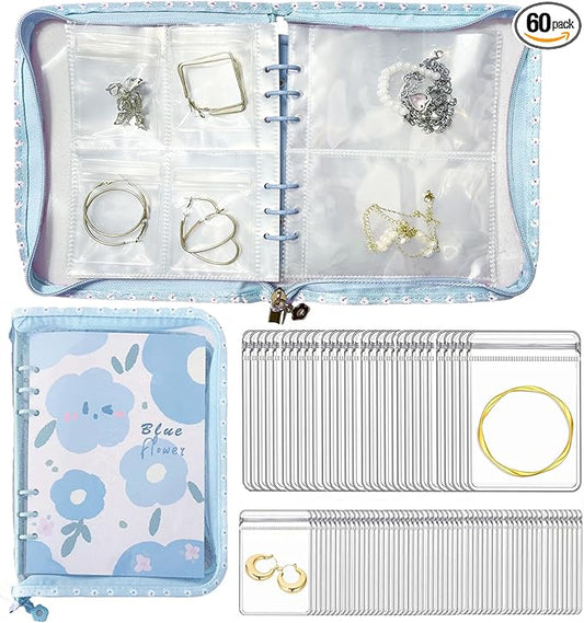 Jewelry Organizer Travel,Jewelry Storage Book with 45 Portable thick PVC pouches,Jewelry Organizer Zipper Bags for Necklaces Bracelet Rings and Earrings (front cover removable),Blue