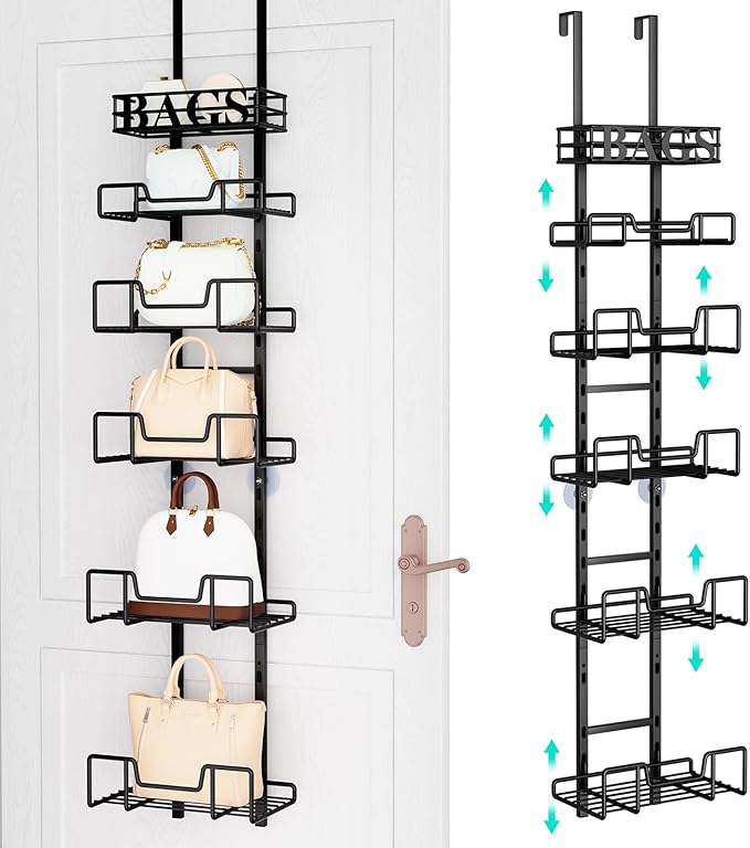 HapiRm Over Door Purse Organizer - Adjustable Purse Storage Rack with Bags Design Metal Basket, Wall Mounted Handbag Organizer, Hanging Handbag Holder, Can Use As 1/2 Part Detachable