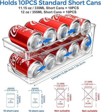 2 Pack Rolling Soda Can Organizer for Refrigerator Can Dispenser for Fridge Beer Soda Seltzer Pop Can Soda Organizer for Fridge 10 Standard Size 11.15oz 12oz 330ML 355ML Cans Holder Storage