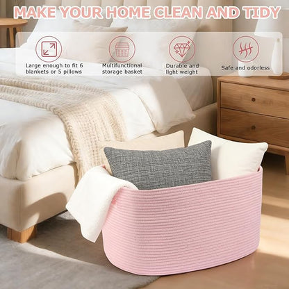 75L Large Woven Storage Basket, Pink Cotton Rope Laundry Hamper with Handles, 22”x17”x12” Rectangle Blanket Basket for Toys, Clothes, Pillows, Nursery and Living Room,Shelf Basket