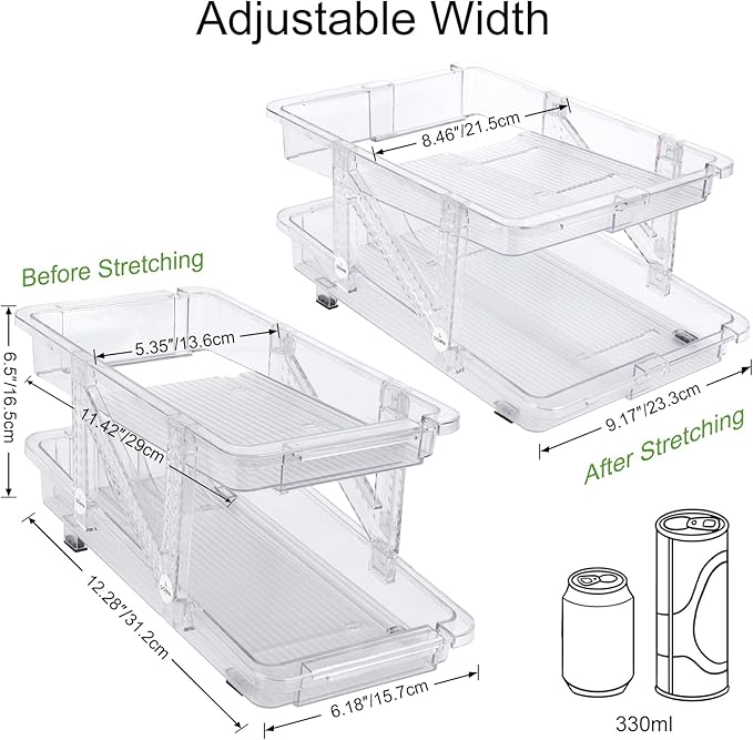 CECOLIC 2 Pack Drink Organizer for Refrigerator, Soda Can Dispenser, Adjustable Width Canned Food Pop Cans Container Beverage Holder for Fridge Organizing, Clear Plastic Storage Bins