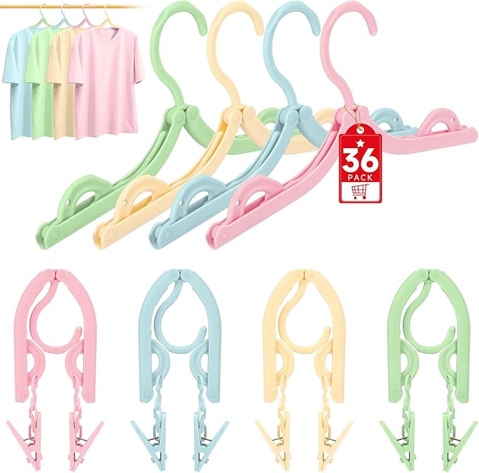 SANLIKE 36 Pcs Travel Hangers with 72 Pcs Clips Folding Travel Hangers Non Slip Plastic Clothes Hangers Collapsible Portable Coat Hanger Drying Rack for Suitcase Flying Camping Hotel(36 Packs)