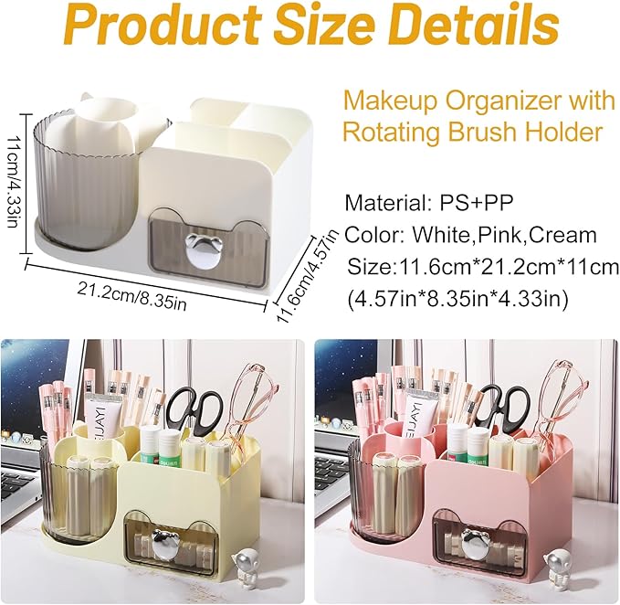 DASITON Makeup Organizer with Drawer, 360° Rotating Makeup Brush Holder, Makeup and Skincare Storage Box, Make Up Organizers for Vantiy, Desktop, Bathroom Countertop, Cosmetic Display Case (White)