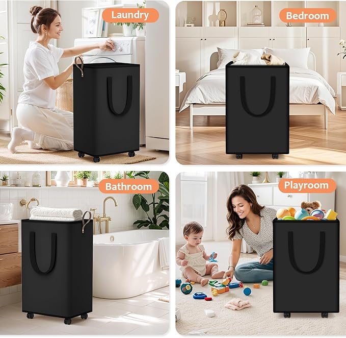 SpaceTrove Laundry Basket with Wheels, Collapsible Laundry Baskets, Laundry Hamper with Handles Detachable Wheels, Rolling Laundry Basket, Dirty Clothes Hamper for Bathroom, Dorm, Bedroom, Black, 80L