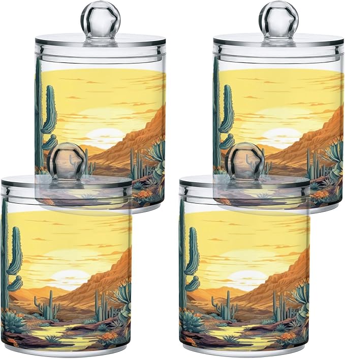 2 Pack Cactus Plants Apothecary Jars with Lid, Qtip Holder Storage Containers for Cotton Ball, Swabs, Pads, Clear Plastic Canisters for Bathroom Vanity Organization (10 Oz)