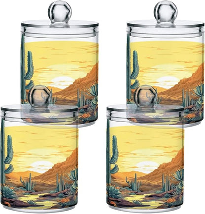 2 Pack Cactus Plants Apothecary Jars with Lid, Qtip Holder Storage Containers for Cotton Ball, Swabs, Pads, Clear Plastic Canisters for Bathroom Vanity Organization (10 Oz)