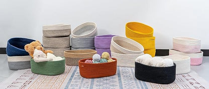 CubesLand Small Storage Baskets for Shelves, Closet Organization Bins Empty Gift Basket 2 Packs Baby Nursery Woven Organizing, Rectangular Clothes Shelves Off White/Mixed Camel
