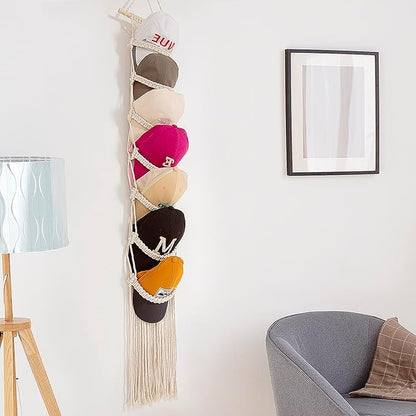 jontell Cap Holder-1 Pack Hat Organizer for Baseball Caps, Macrame Hat Rack for Wall, Cap Rack for Baseball Cap Display Boho Macrame Cap Hanger Over Door Organizer Up to 14 Caps