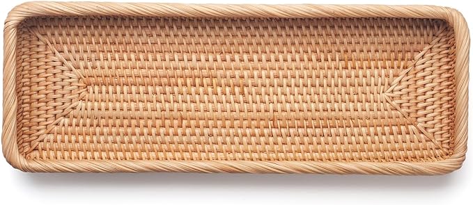 Rattan Bathroom Vanity Trays Toilet Tank Baskets Long Narrow Hand Towel Storage Basket for Storage, Decorative (Natural 16.3 x 6.1 x 2 inch)