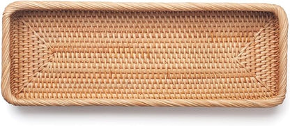 Rattan Bathroom Vanity Trays Toilet Tank Baskets Long Narrow Hand Towel Storage Basket for Storage, Decorative (Natural 16.3 x 6.1 x 2 inch)
