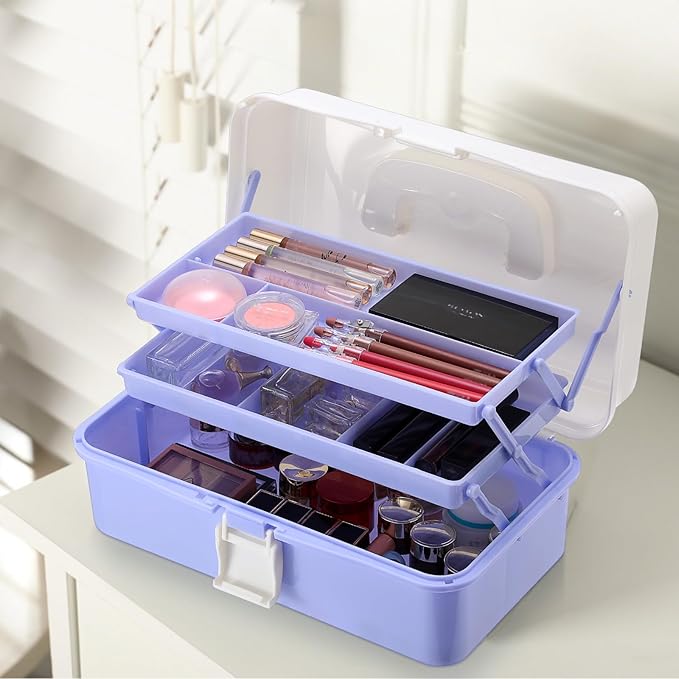 Hipiwe 3-Layer Plastic Storage Box 12.8" Multipurpose Craft Organizers with Dividers & Handle, Hair Accessories Organizer Folding Craft Tool Case Portable Tackle Box for Sewing Art Cosmetic, Purple