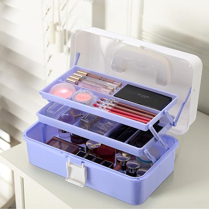 Hipiwe 3-Layer Plastic Storage Box 12.8" Multipurpose Craft Organizers with Dividers & Handle, Hair Accessories Organizer Folding Craft Tool Case Portable Tackle Box for Sewing Art Cosmetic, Purple