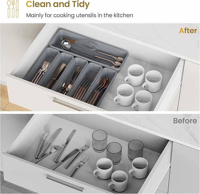 6 Pack Silicone Drawer Organizer for Kitchen, DIY Free Combination Silverware Organizer, Utensil Drawer Organizer, Moisture-proof and Heat-resistant up to 200°C, Anti-slip Design (Grey)