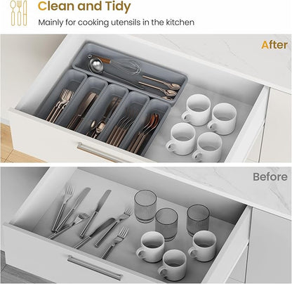 6 Pack Silicone Drawer Organizer for Kitchen, DIY Free Combination Silverware Organizer, Utensil Drawer Organizer, Moisture-proof and Heat-resistant up to 200°C, Anti-slip Design (Grey)