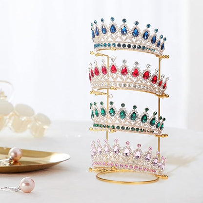 CALLARON Crown Display Stand, Jewelry Organizer Stand 4-Layer, Metal Necklace Display Holder, Vintage Headband Display, Gold Headdress Storage Rack Display for Crown Hairband Necklace Jewelry