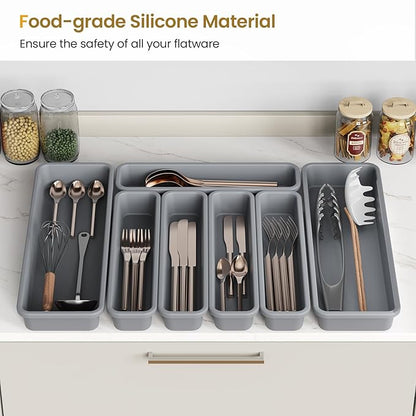7 Pack Silicone Silverware Drawer Organizer, DIY Free Combination Kitchen Drawer Organizer, Utensil Organizer, Moisture-proof and Heat-resistant up to 200°C, Anti-slip Design (Grey)