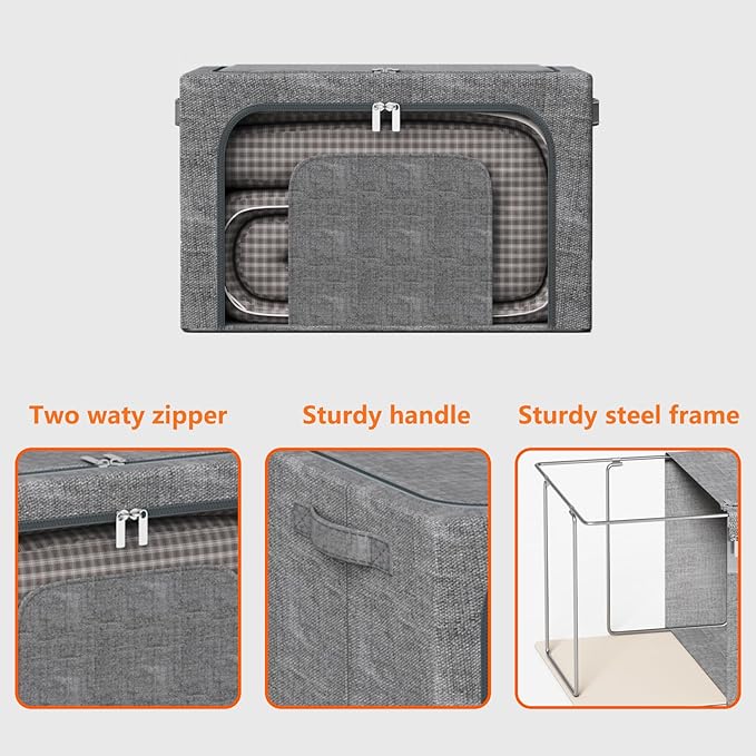 64L Large Stackable Storage Bins with Metal Frame (4 Pack), Foldable Fabric Clothes Organizer with 2 Clear Windows & Reinforced Handles, Dual-Opening Storage Containers for Closet, Underbed, Grey