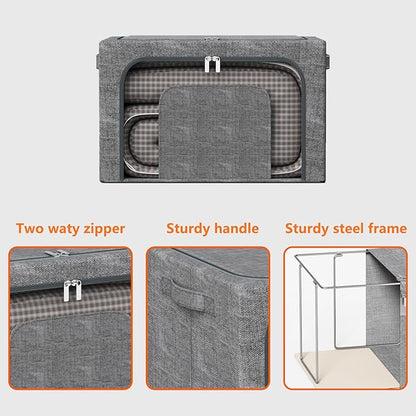 64L Large Stackable Storage Bins with Metal Frame (4 Pack), Foldable Fabric Clothes Organizer with 2 Clear Windows & Reinforced Handles, Dual-Opening Storage Containers for Closet, Underbed, Grey