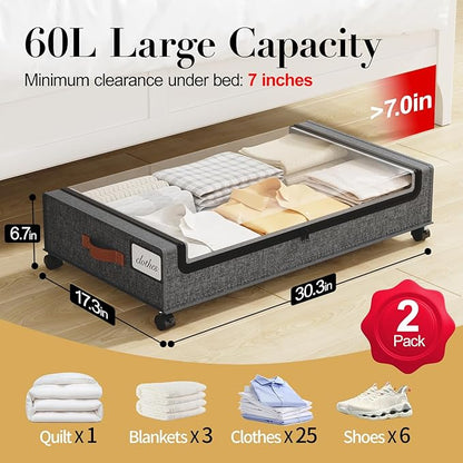 Yecaye Under Bed Storage with Wheels, 2 Pack Under the Bed Storage Containers with Lids & Label, XXL 60 L Rolling Underbed Storage Drawers for Clothes, Blankets, Shoes, Hemp Gray