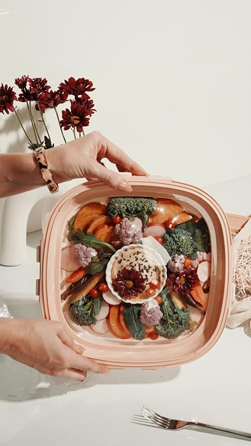 Crudités | Portable Snack Tray | Square 2-Pack | Coral Pink | Reversible Stretch Lid Food Containers | BPA-Free, Freezer & Dishwasher Safe | Meal-Prep, Charcuterie, Salads, Picnic, Travel