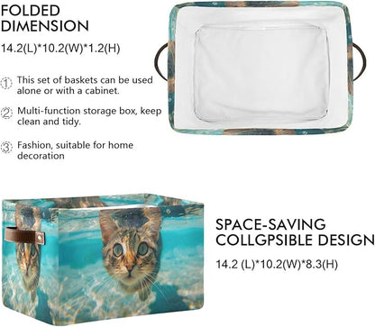 Large Storage Basket Cute Underwater Cat Storage Bin Cube Canvas Fabric Organizer Handles Collapsible for Clothes Toys Bedroom Decorative