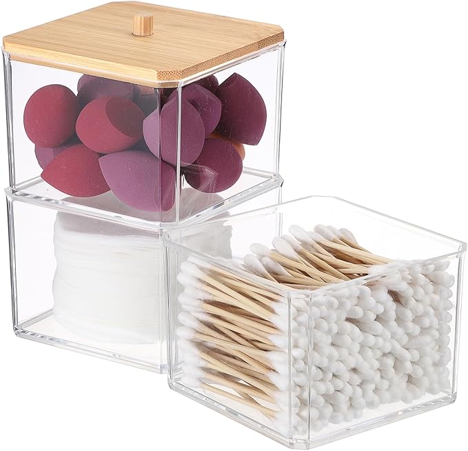 Hipiwe 3 Tiers Acrylic Cotton Swab Organizer Clear Qtip Holder with Lid Stackable Bathroom Accessories Storage Box for Office Living Room Bathroom, 3.7 x 3.5 x 7.8 Inch