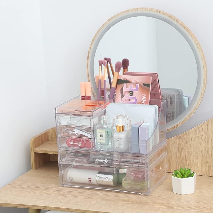 Cq acrylic 2 Pack Clear Make Up Organizers for Vanity,Stackable 5 Drawers Make Up Organizer,Cute Desk Organizer for Vanity Jewelry,Hair Clip,Beauty,Skincare Product Dresser Acrylic Drawer Organizer