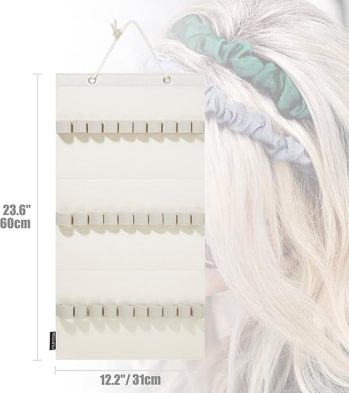 Hanging Headband Organizer with 30 Elastic Loops for Women Girls Headbands Display, Wall Headband Holder Organizer for Home (Beige)