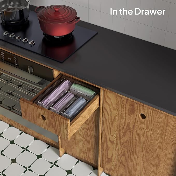 Aquiver Acrylic Bags Storage Organizer - Baggie Bags Drawer Organizer & Plastic Food Storage Bags Holder - Compatible with Gallon, Quart, Sandwich, Snap, Freezer, Slider Bags (Clear)