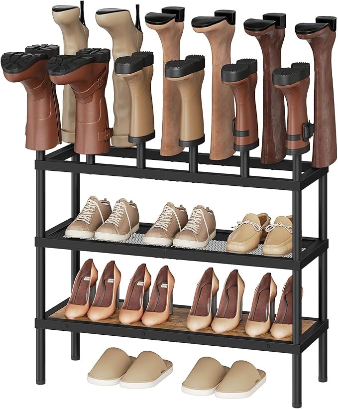YATINEY Shoe and Boot Rack Organizer, Tall Boots Rack for Closet, Cowboy Shoes Storage, 4 Tier Shoe Racks Organizer Holds 14 Pairs, Black and Rustic Brown SS29BR