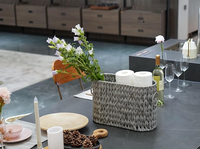 Coeusy Toilet Paper Storage,Narrow Toilet Paper Basket for Bathroom,Large Toilet Paper Organizer for 6 Mega Rolls,Waterproof Wicker Bathroom Storage Basket,Free Standing,Grey