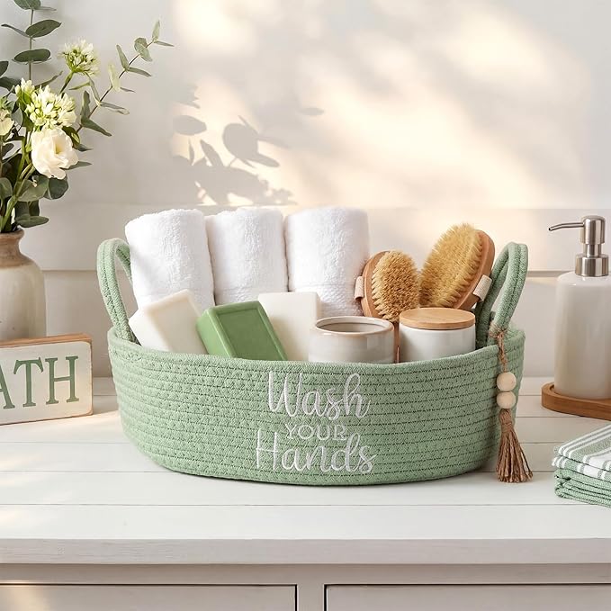 Wash Your Hands Bathroom Decoration Green Cotton Rope Toilet Basket Toilet Paper Holder Basket Rustic Bathroom Organizer Farmhouse Home Decoration Organizing Small Baskets