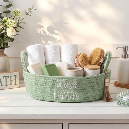 Wash Your Hands Bathroom Decoration Green Cotton Rope Toilet Basket Toilet Paper Holder Basket Rustic Bathroom Organizer Farmhouse Home Decoration Organizing Small Baskets