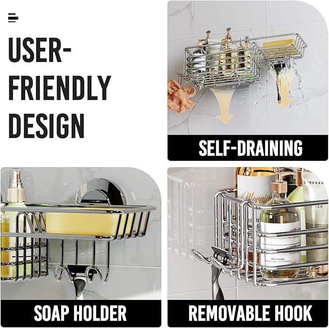 LEVERLOC Shower Caddy Suction Cup Shower Shelves Shower Holder，Silver