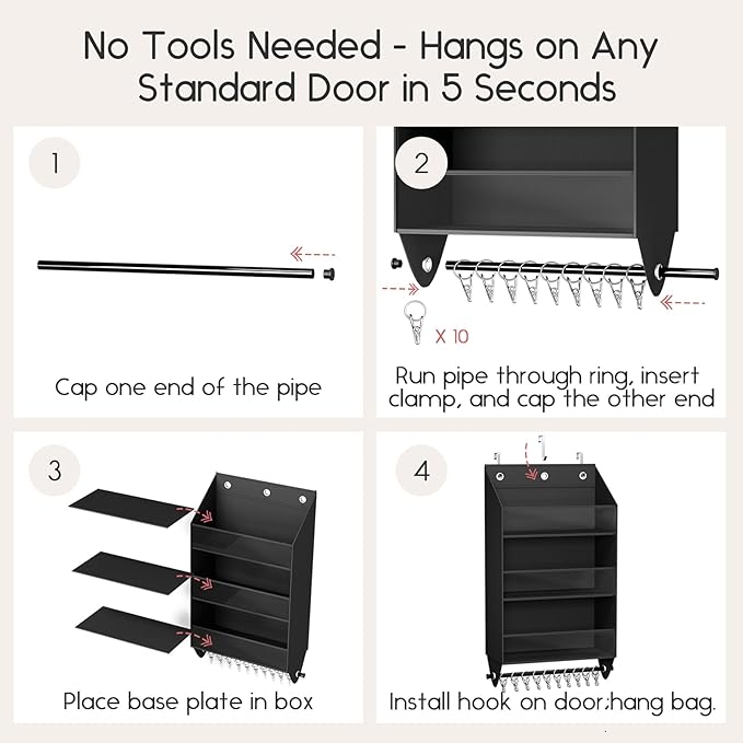 Homsorout Over the Door Hat Rack - 3-Layer Design Hat Organizer Holds 30-36 Hats with 10 Hooks, Ideal Hat Rack for Door, Over the Door Organizer for Closet, Apartment, Bedroom, Dorm, 1 Pack, Black