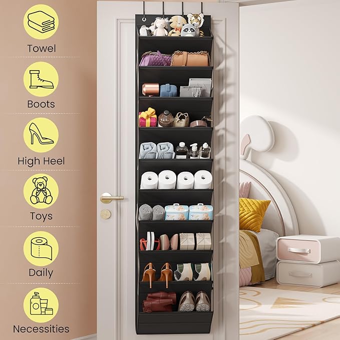 20-25 Pairs Over the Door Shoe Organizer, Clear Pockets Shoe Rack for Closet Door, 10-Tier Hanging Shoe Rack for Boots, Behind the Door Shoe Holder Fit All the Family's Sneakers, Boots, Heels, Black