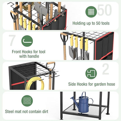 Garden Tool Organizer,Metal Yard Tool Organizer ,Holds 50 Long-Handled Tools/Rakes/Brooms,Side Garden Pocket ,Heavy Duty Steel Yard Tool Storage Rack for Garage,Shed, Outdoor