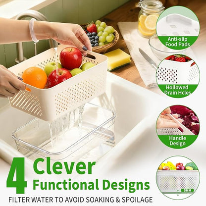 PRAKI 5-Pack Large Fruit Storage Containers for Fridge with Removable Colander, 2 in 1 Produce Storage Containers, BPA-Free Fridge Organizers and Storage Keep Fruits, Vegetables, Berry Fresh Longer