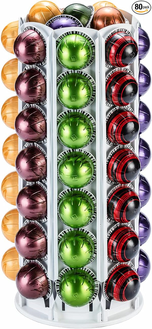 FlagShip Vertuo Pod Holder for Nespresso Pod Carousel Coffee Pod Stand with Elegant White(80+ Pods Capacity)