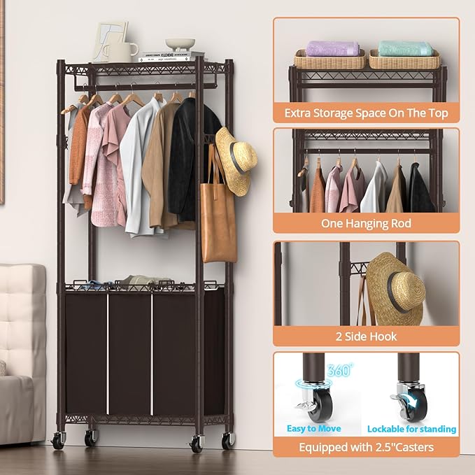 Hodonas 3-Section Laundry Sorter With Hanging Bar, Rolling Hamper Cart, Basket Organizer, Hanging Rack, Lockable Wheels and Removable Bags for Clothes Storage, Espresso