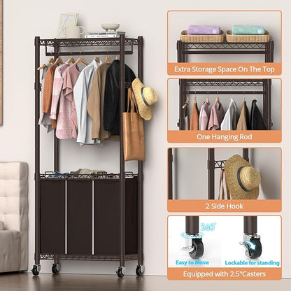 Hodonas 3-Section Laundry Sorter With Hanging Bar, Rolling Hamper Cart, Basket Organizer, Hanging Rack, Lockable Wheels and Removable Bags for Clothes Storage, Espresso