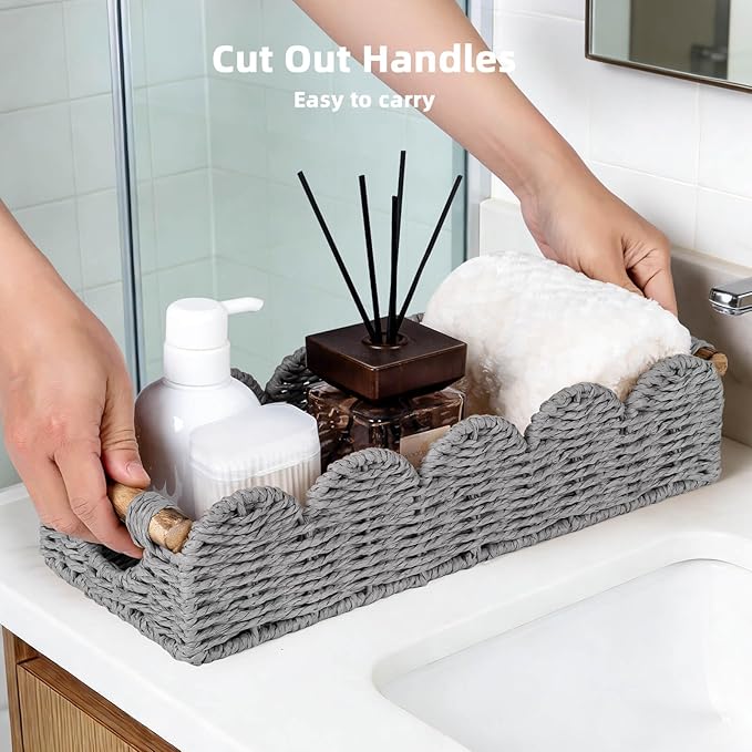 CubesLand Bathroom Basket Organizer w/Cut Out Handle, Back of Toilet Paper Storage Baskets Tray for Bathroom Countertop Decorative, Scalloped Wicker Basket Also for Home Decor, Living Room, Grey