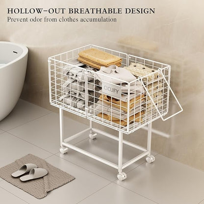 CICUFY Rolling Laundry Cart, 80L Wire Laundry Hamper Basket on Wheels, Dirty Clothes Basket with Handle, Metal Clothes Hamper Organizer for Laundry Room, Bathroom, Bedroom, Dorm, White
