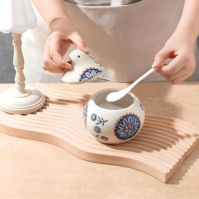 Ceramic Salt Cellar with Lid and Spoon, 13 oz Large Chicken Salt Jar, Chicken Sugar Containers for Countertop, Decorative Kitchen Holder for Coffee, Pepper, Seasonings, Spices, Candy(Blue)
