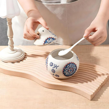 Ceramic Salt Cellar with Lid and Spoon, 13 oz Large Chicken Salt Jar, Chicken Sugar Containers for Countertop, Decorative Kitchen Holder for Coffee, Pepper, Seasonings, Spices, Candy(Blue)