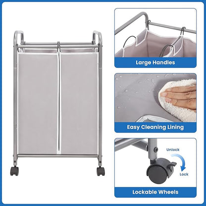 STORAGE MANIAC Laundry Sorter 2 Section, 90 L Gal Laundry Hamper with Wheels, Clothes Basket Separator Sorter, 2 Bag Clothes Cart with Wheels and Removable Bags for Closet, Dorm, Collage, Grey