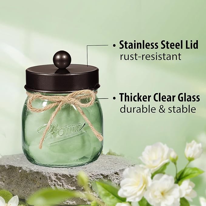 SheeChung Green Glass Qtip Holder Dispenser, Mason Jar Apothecary Jars with Lids, Bathroom Organizers and Storage, Vanity Countertop Canisters Set for Cotton Swab, Ball, Pad, Floss Pick-Bronze, 2 Pack