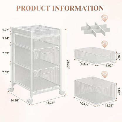 JKsmart Rolling Makeup Cart Organizer with 3 Drawers, Cosmetics Display with Dividers, Floor Skincare Storage with Wheels, Versatile Vanity Organizer for Nail Polish Perfume Brush Hair Tool, White