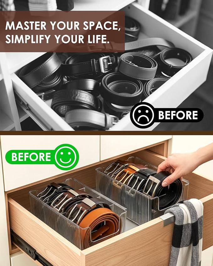 HAYVAN 2 Pack Acrylic Extendable Belt Organizer - Clear Belt Holder with Adjustable Dividers Fits Most Sizes, Storage Box for Ties, Bows, Masks, Jewelry (Space-Saving)